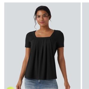 HALARA Black Short-Sleeve Square Neck Pleated Top